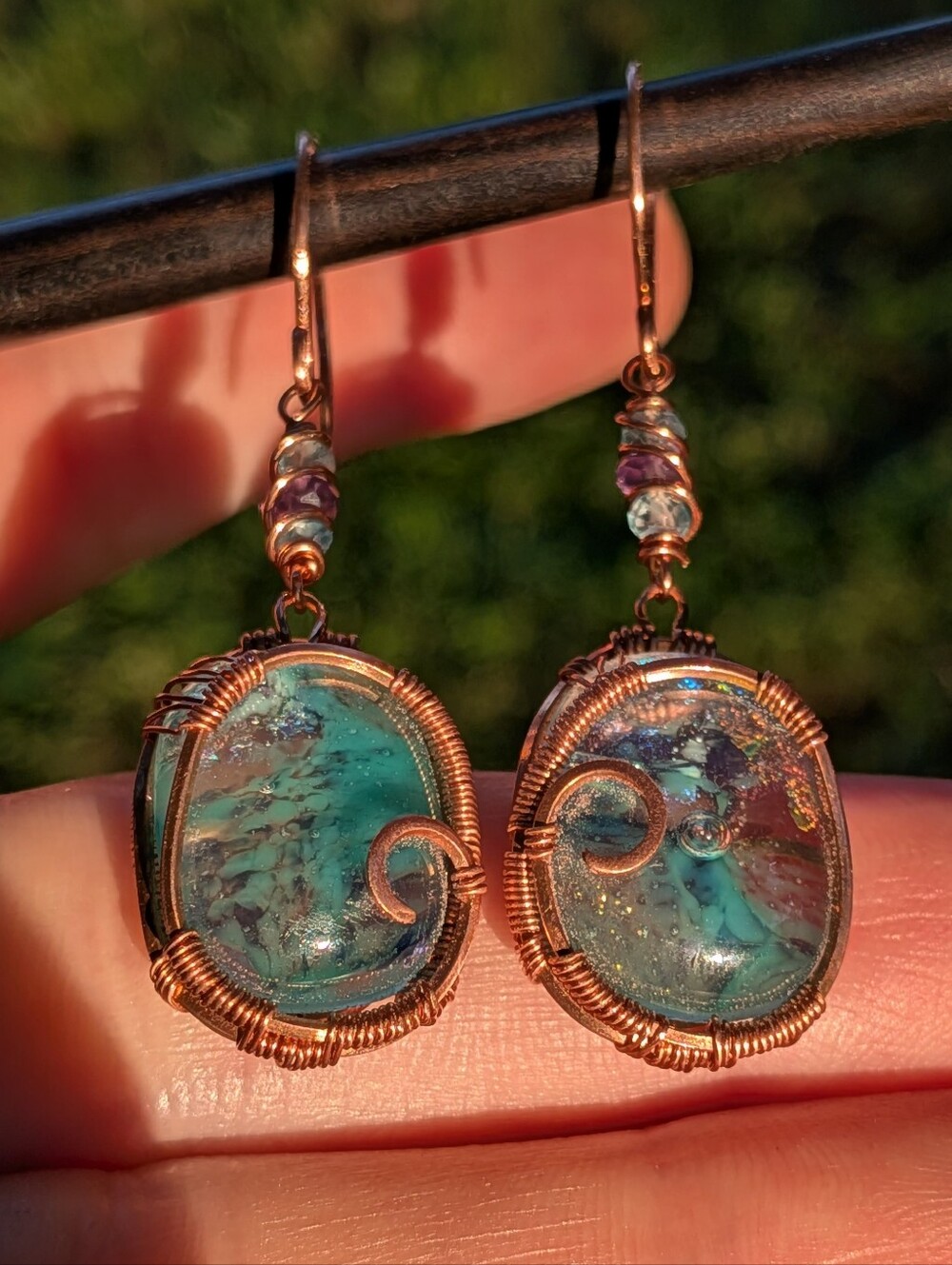 Mermaid Goddess Earrings - Artisan Dichroic Glass with Natural Gems in Copper - Picture 11 of 16